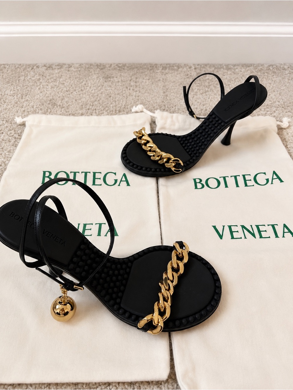 Bottega Veneta Dot Ankle Black Leather Strappy Stiletto Heels with Gold Chain